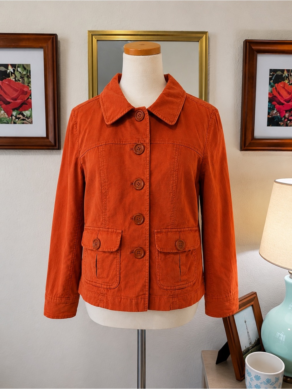Talbots Burnt Orange Utility Jacket | Stretch Cotton Button Front | Petite 12W